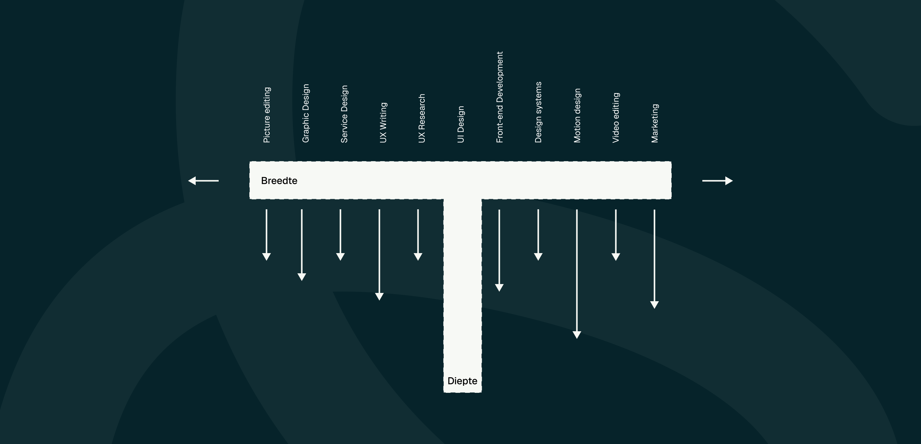 Het eerder getoonde T-shaped diagram, met pijltjes naar onder en naar de zijkant, die suggereren dat de breedte en de diepte van skills wordt vergroot.