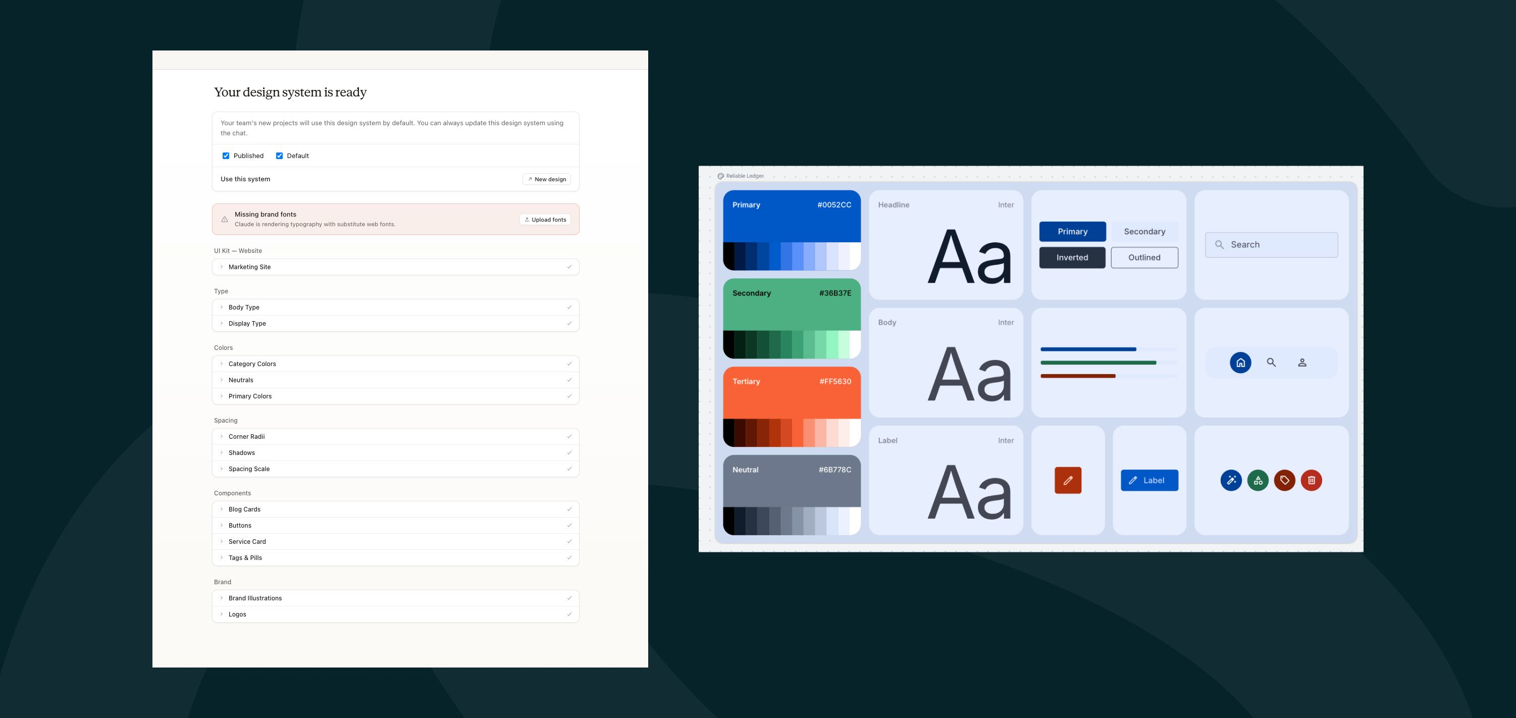 Het gegenereerde design system bij claude design en google stitch. bij claude design zie je een relatief uitgebreide lijst met onderdelen, waar Google stitch vooral een visuele basis met kleuren, fonts en buttons toont, en een beperkte variatie aan componenten.