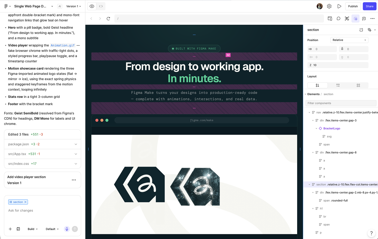 Figma-make interface. Links zie je de chat waarin je prompts in kan voeren, en rechts zie je de nieuwe visuele editor. In het midden zie je het gegenereerde ontwerp.