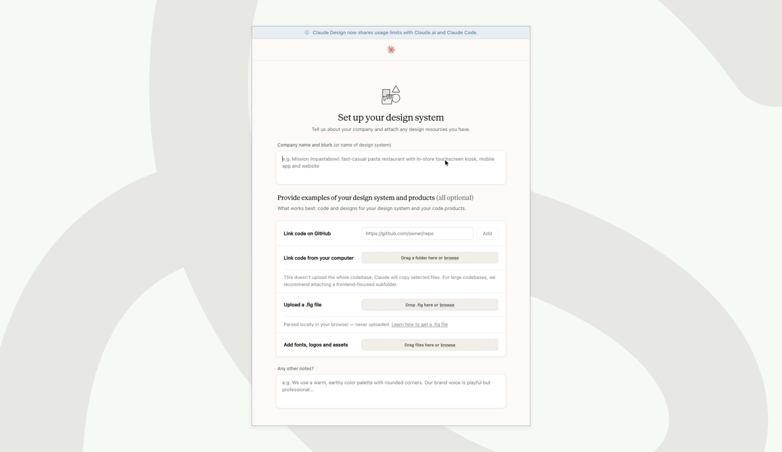 Een deel van een screenshot van het interface van Claude Design, met bovenaan de header 'set up your design system.' Je ziet dat je verschillende input kan geven om claude een design system te laten genereren, zoals code op Github, een figma-bestand of logo's, fonts en assets.