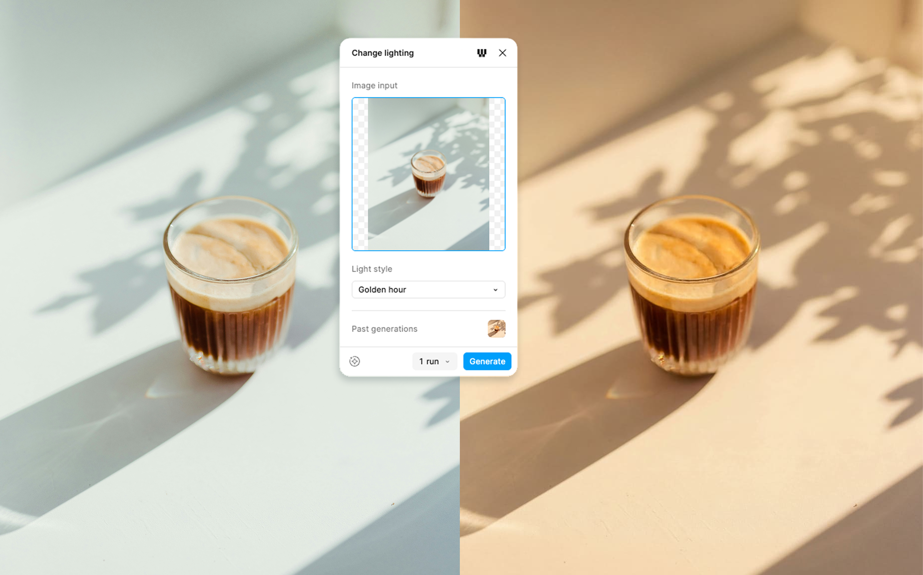 Figma Weave-voorbeeld: links een foto van een cappuccino, en rechts dezelfde foto, maar dan met warme belichting. In het midden is een UI-element van Figma Weave geplaatst, waar je kan zien dat de foto links is aangepast naar 'golden hour' belichting.