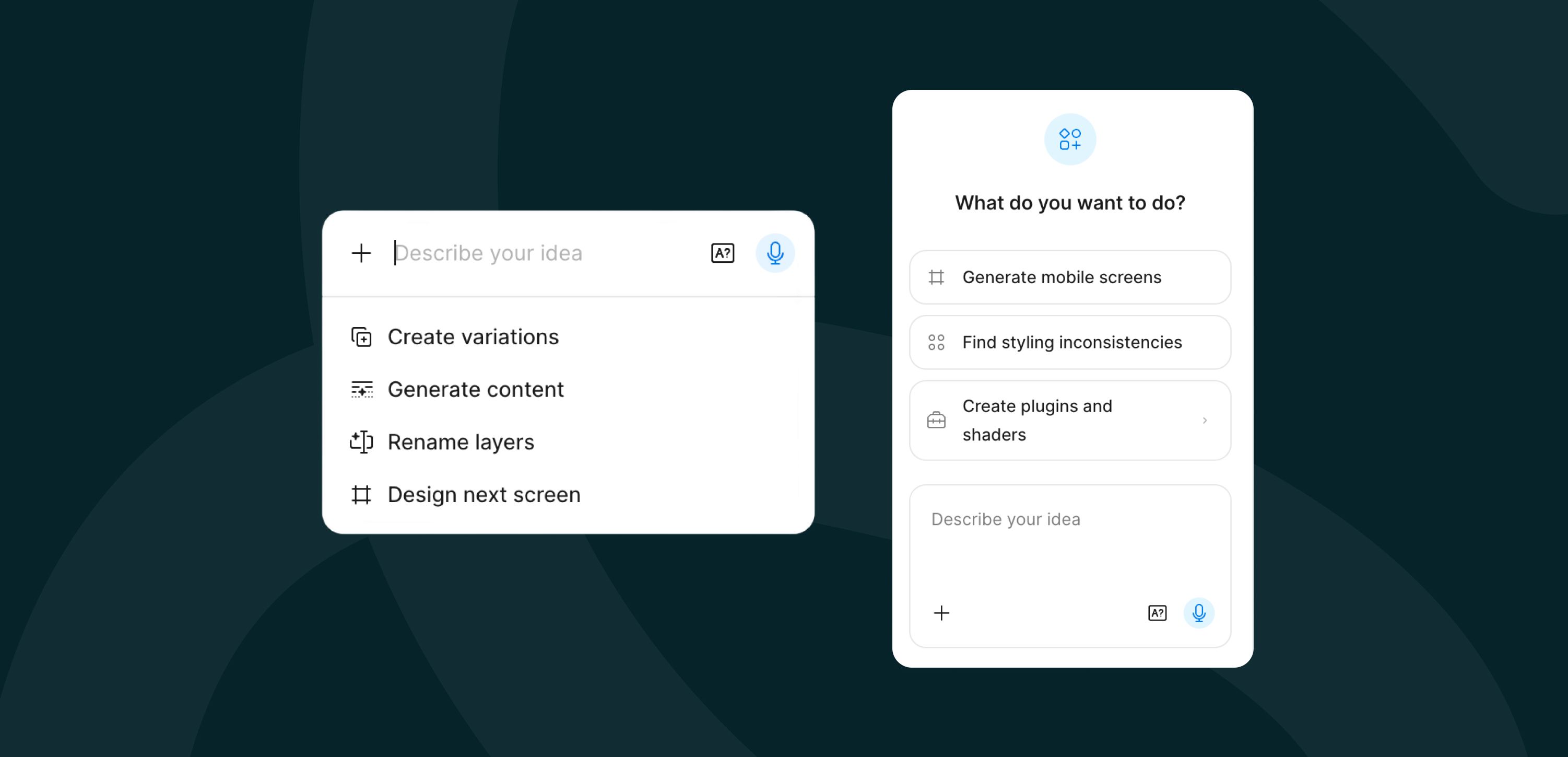 Twee UI-onderdelen van de Figma Design Agent. Je ziet een veld waarin je een prompt kan toevoegen om de Design Agent mee aan het werk te zetten. Je ziet ook dat de agent variaties kan maken, content kan genereren, lagen kan hernoemen, schermen kan ontwerpen, stylistische inconsistenties kan vinden en plugins en shaders kan maken.